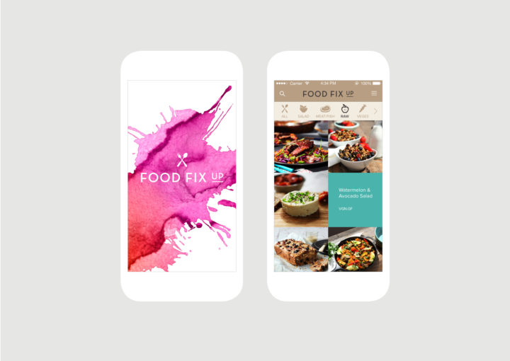 Food Fix Up App Splash screen and main Recipe screens feature delicious food photography