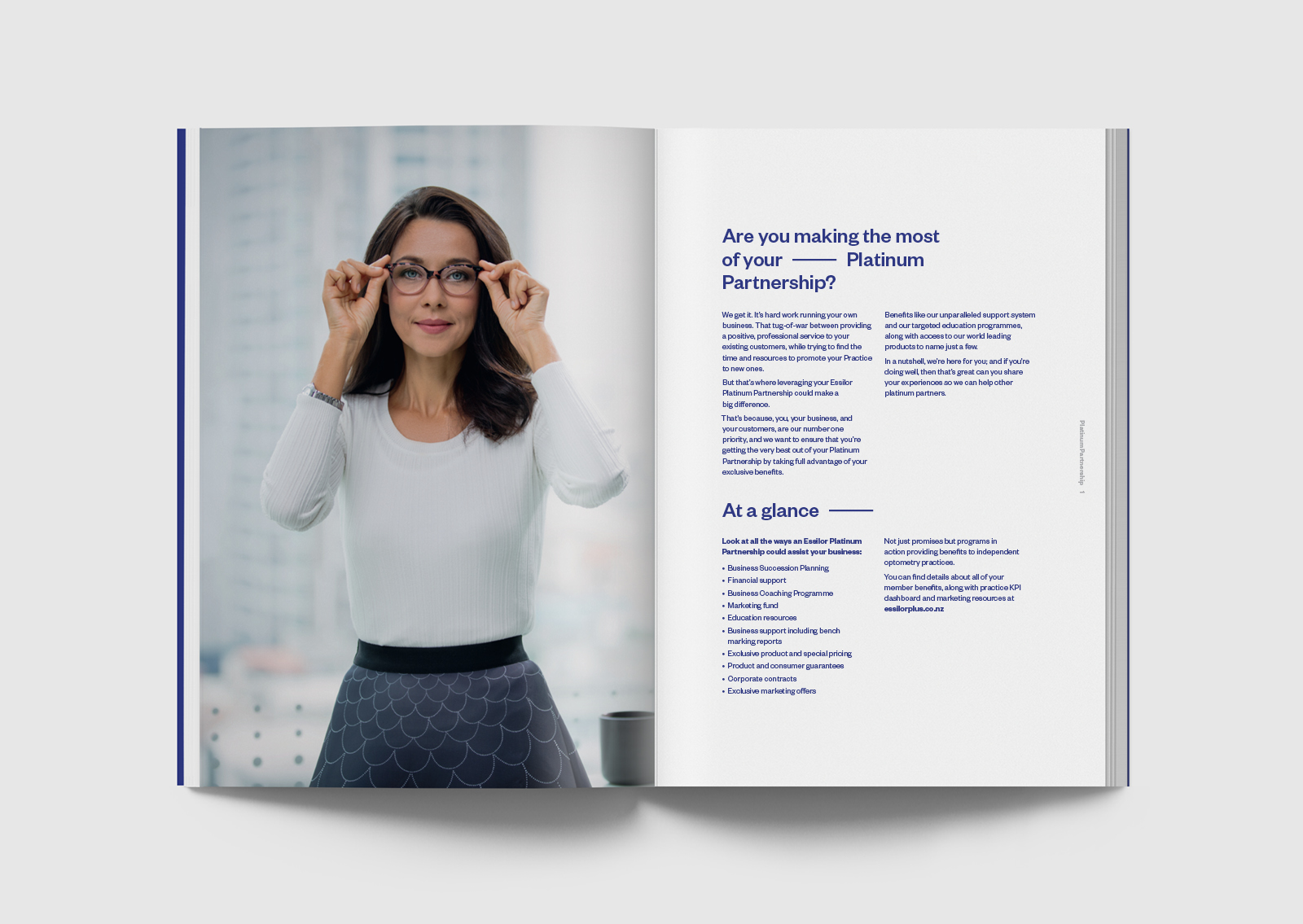 Essilor NZ Platinum Partners brochure – showing introductory spread with clean typography and woman wearing glasses