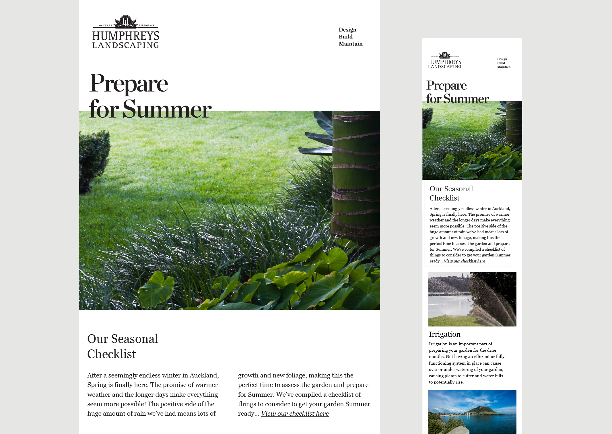 Humphreys Landscaping seasonal newsletter EDM º showing lush garden