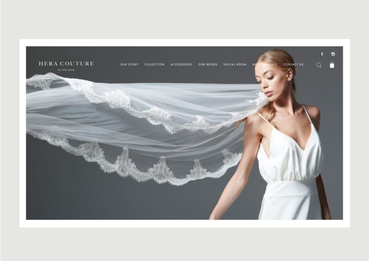 Hera Couture Website Homepage – features bride with dramatic flowing lace veil