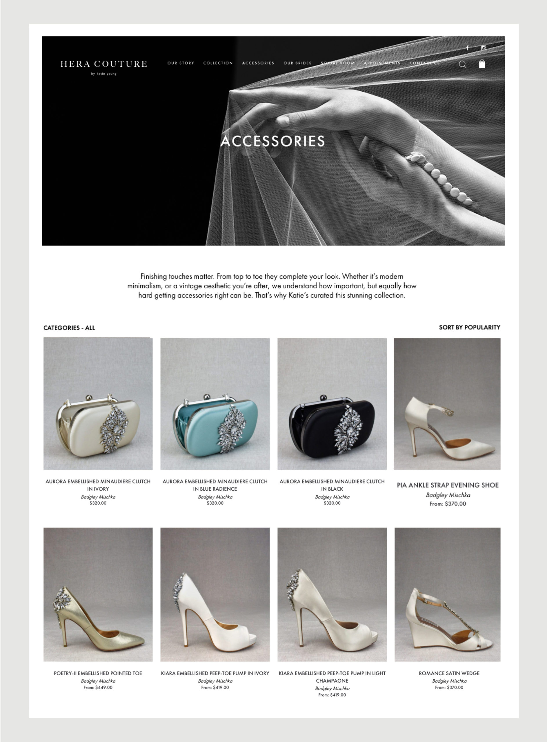 Hera Couture Website Accessories page – e-commerce site – features series of sophisticated shoe and bag images within the Gallery