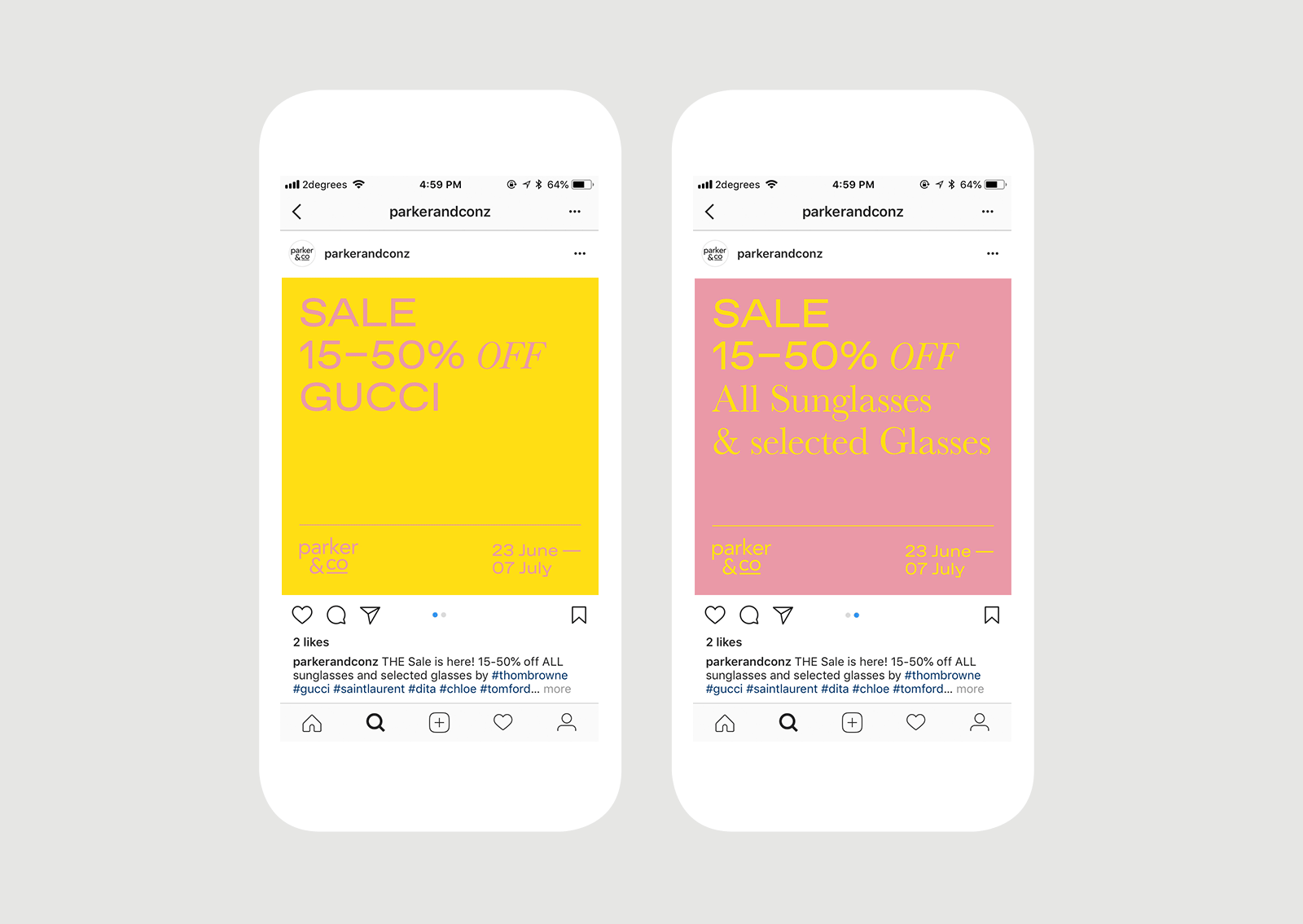 Parker and Co Winter Sale Social campaign – features animated messaging in yellow and blush pink block colour and modern typography