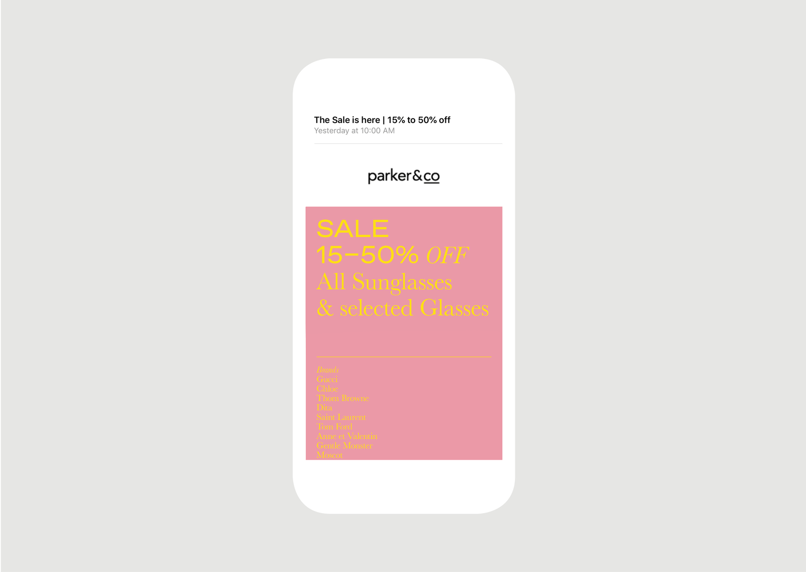 Parker and Co Winter Sale EDM – features animated messaging in yellow and blush pink block colour and modern typography
