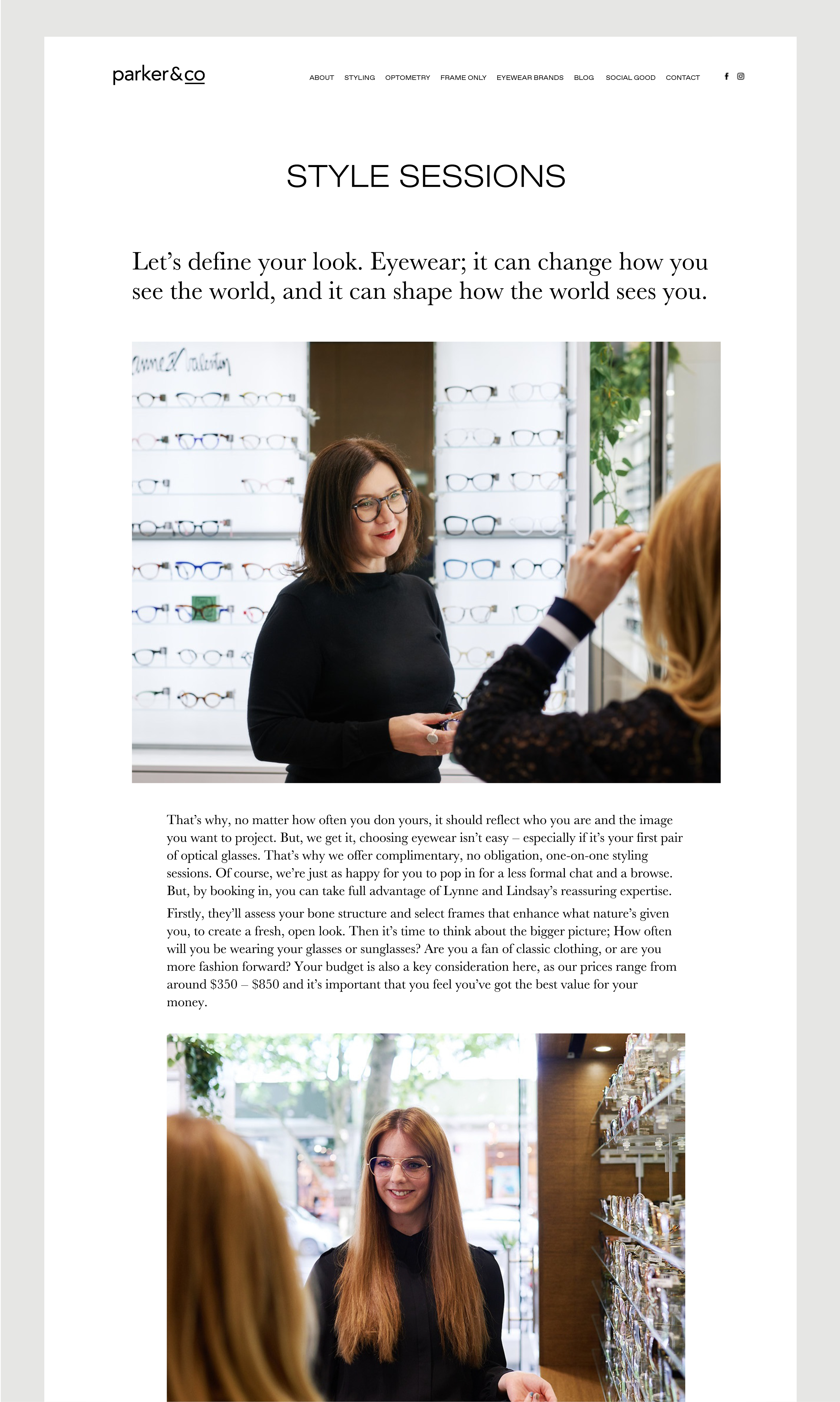 Parker and Co website – Styling page – Copy introduces bespoke Styling Service and shows image of store interior