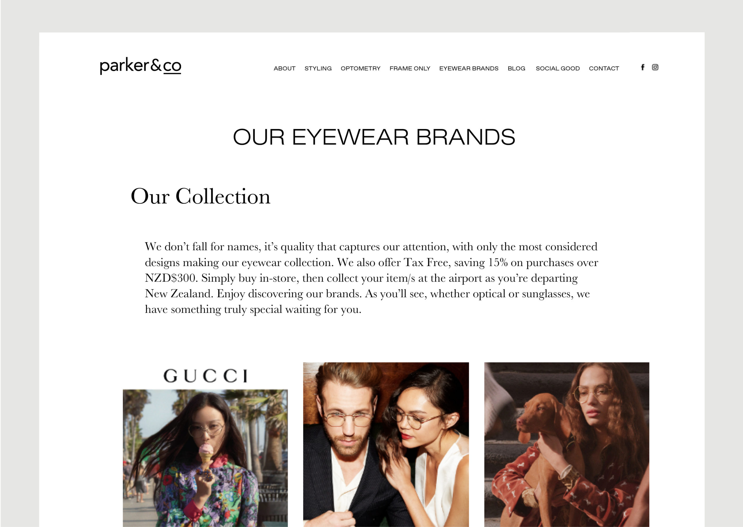 Parker and Co website – Eyewear Brands page – shows images of designer brands and large introductory copy
