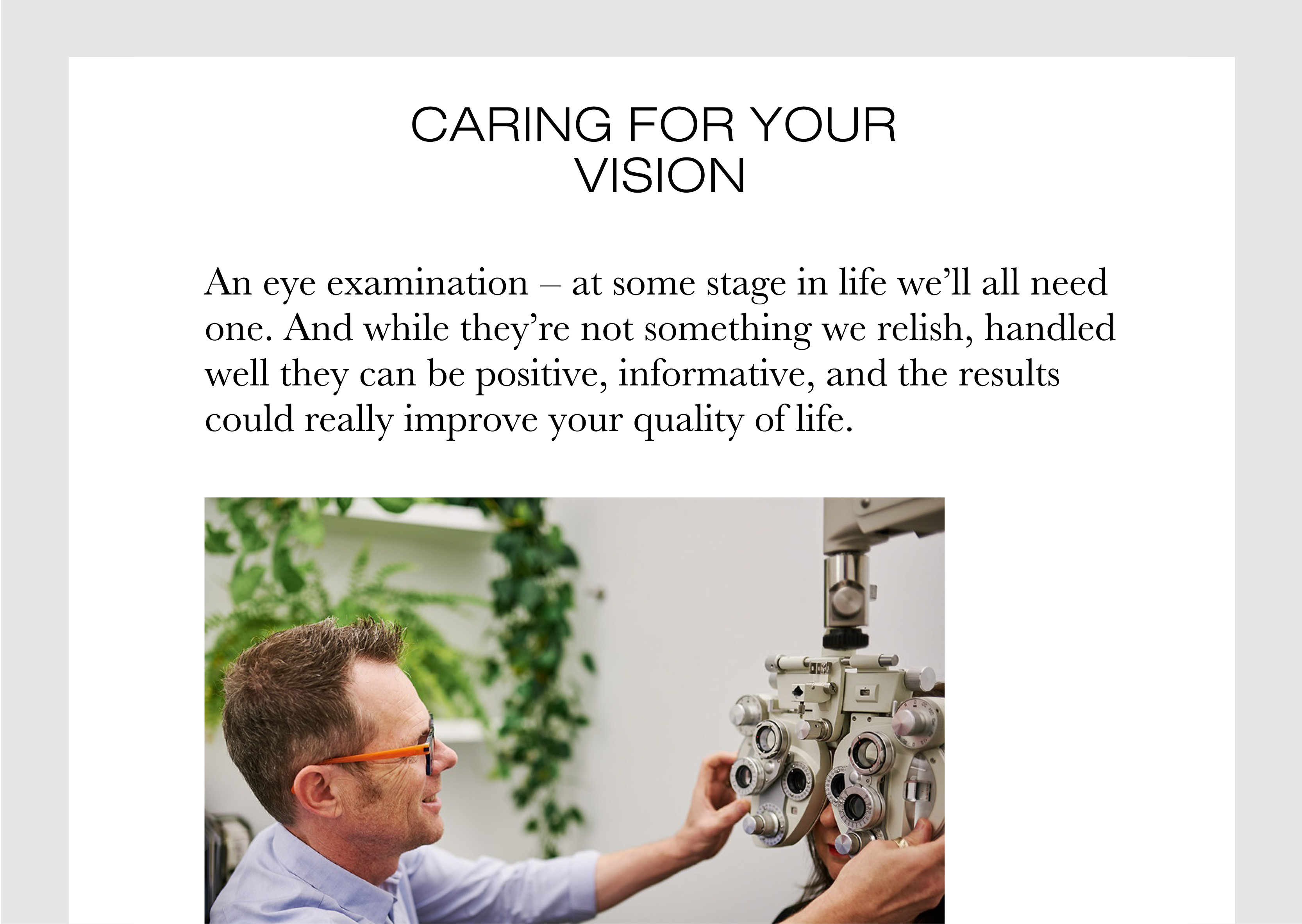 Parker and Co website – Optometry page shows Geoff Parker performing eye test and large introductory copy
