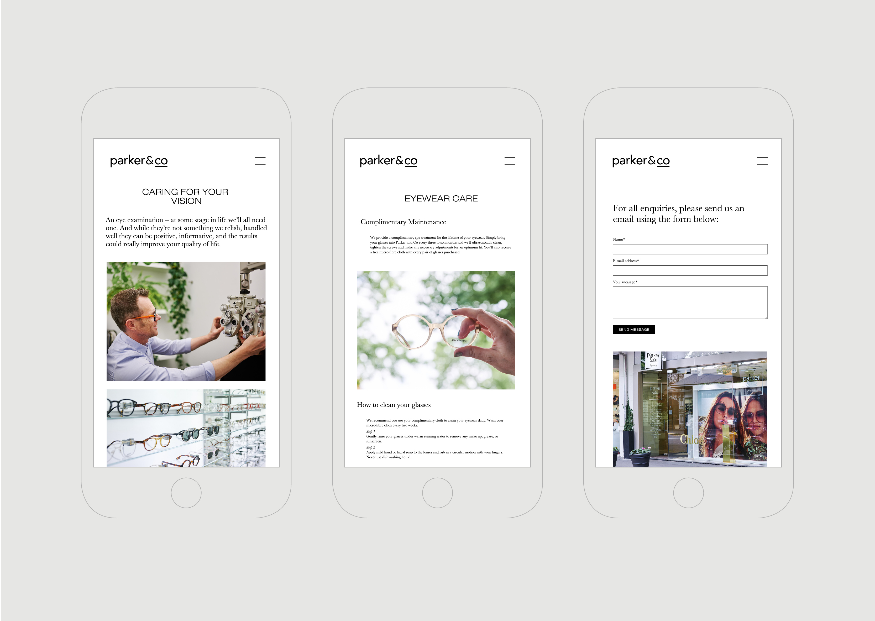 Parker and Co website – multiple views on mobile of key pages
