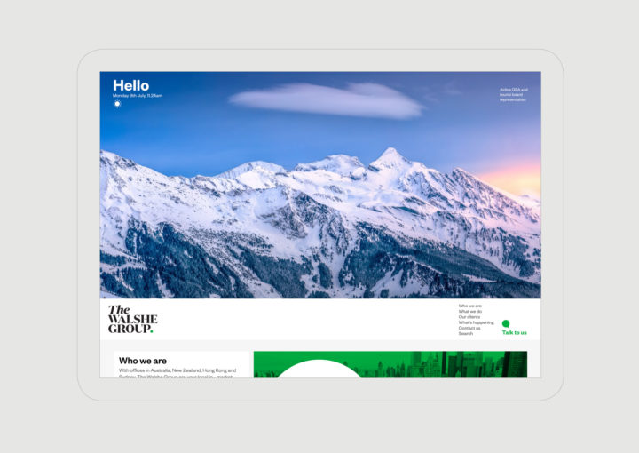 The Walshe Group Website Homepage Close up – features dramatic image of Snowy Mountains and Greeting with date time and weather
