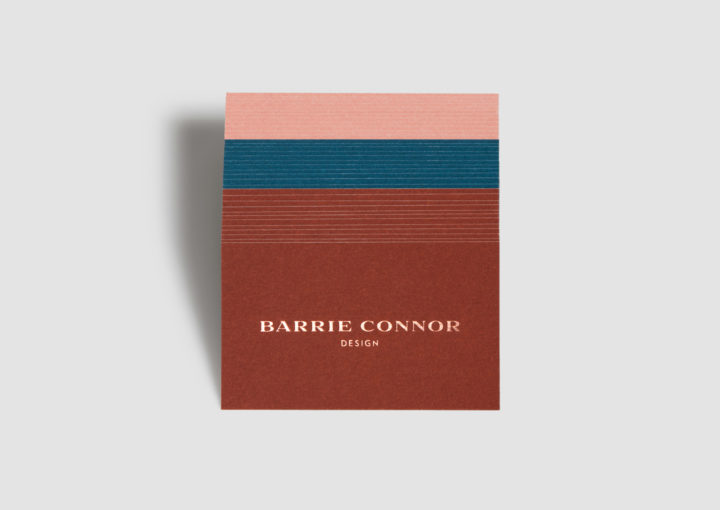 Barrie Connor Design buiness cards – trio of swatch cards in a stack