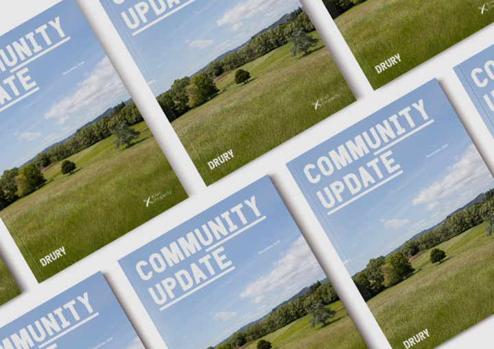 A multiple layout of Drury development communications Brochure covers, all featuring idyllic green pasture