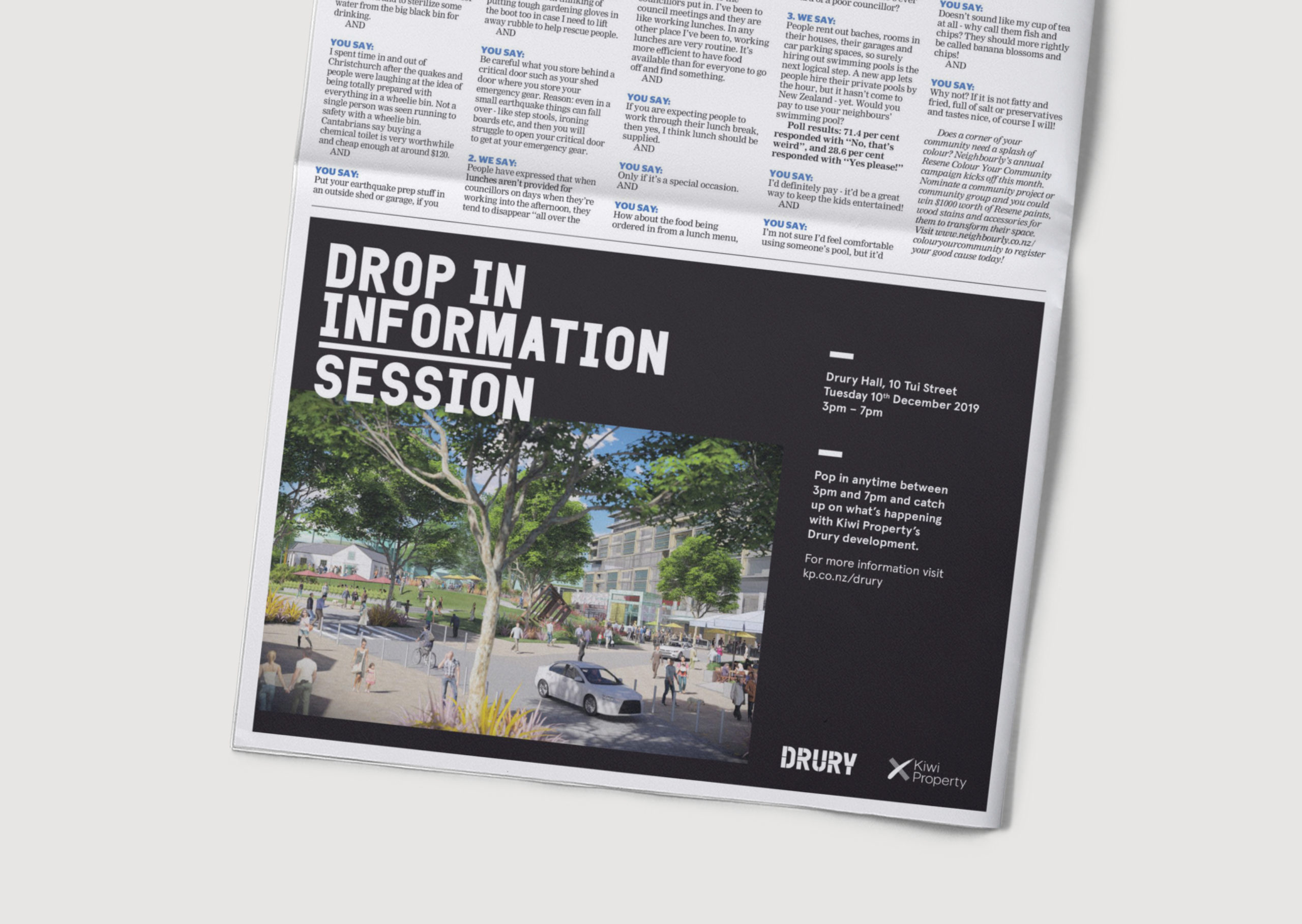 Impactful newspaper advertisement for Drury Community Update with black background and white capitilaised headline and future town centre render