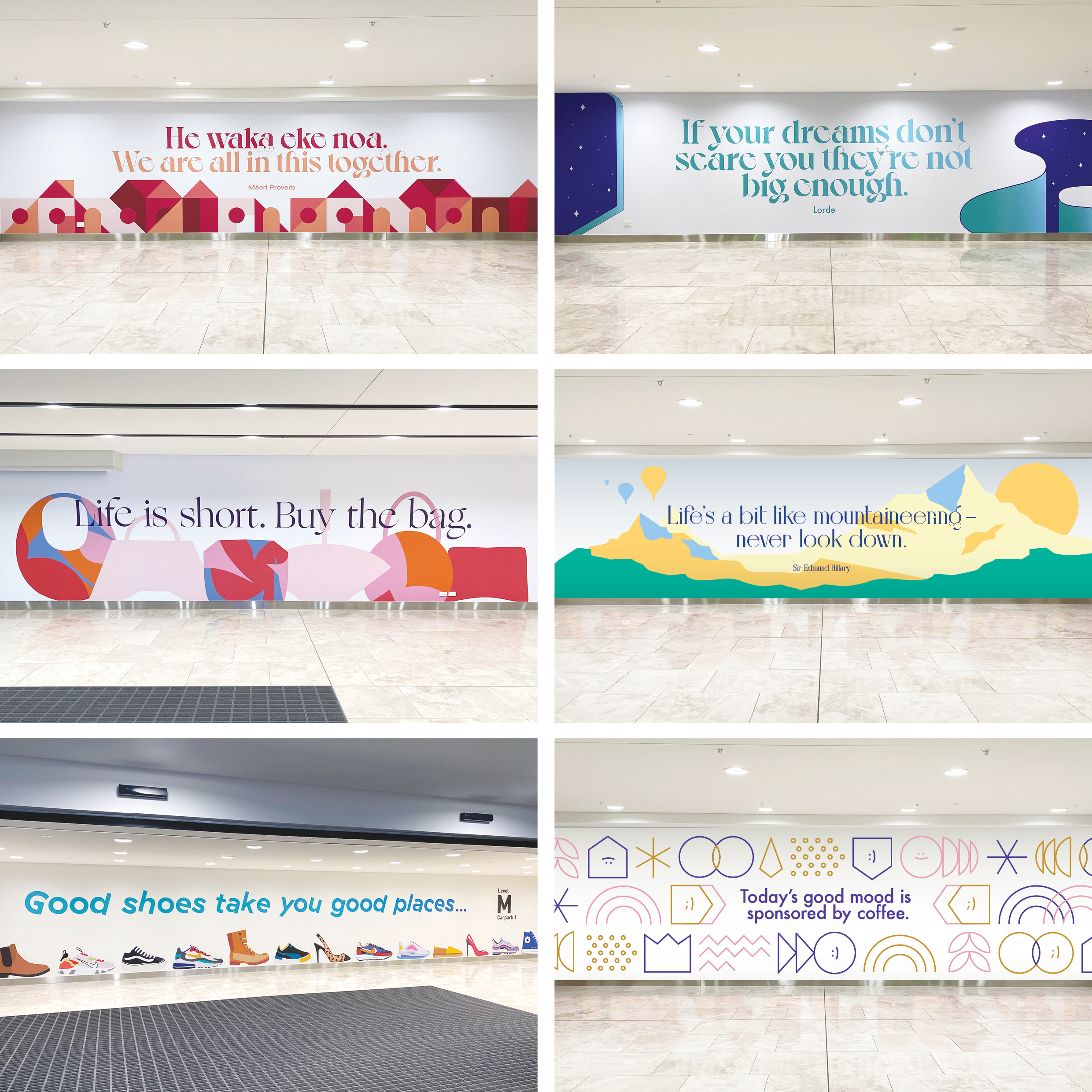 Photograph showing all 6 of the Large Scale graphics on Sylvia Park Shopping Centre carpark wall