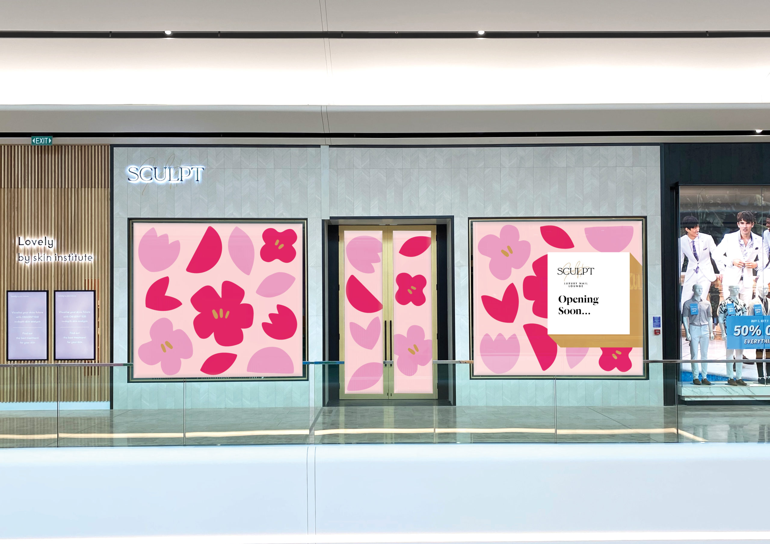 Large scale retail graphics at Sylvia Park Level 1 Launch featuring an eye-catching pink and magenta flowers