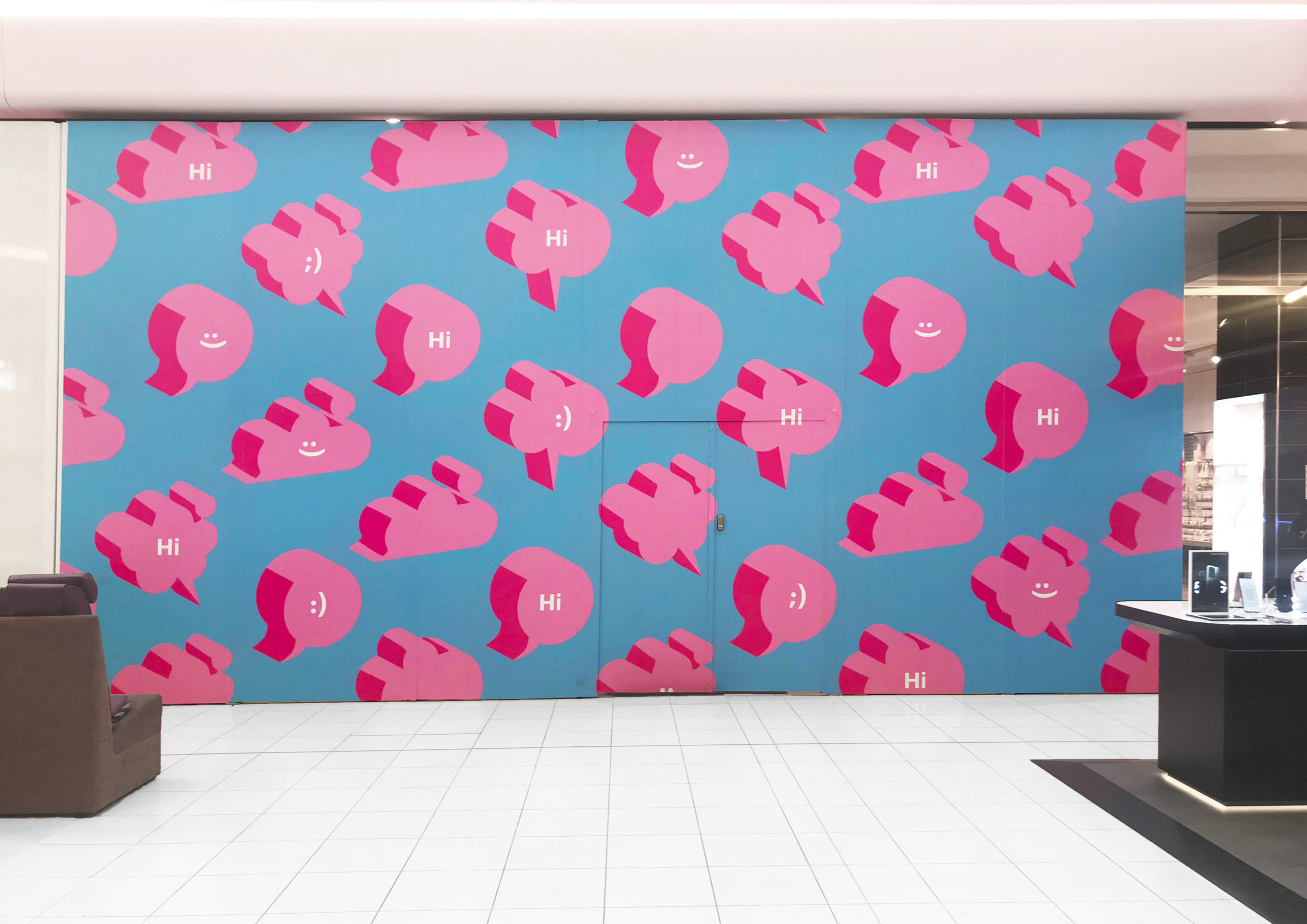 Large scale retail graphics at Sylvia Park Level 1 Launch featuring multiple 3D speech bubbles with smiling emojis