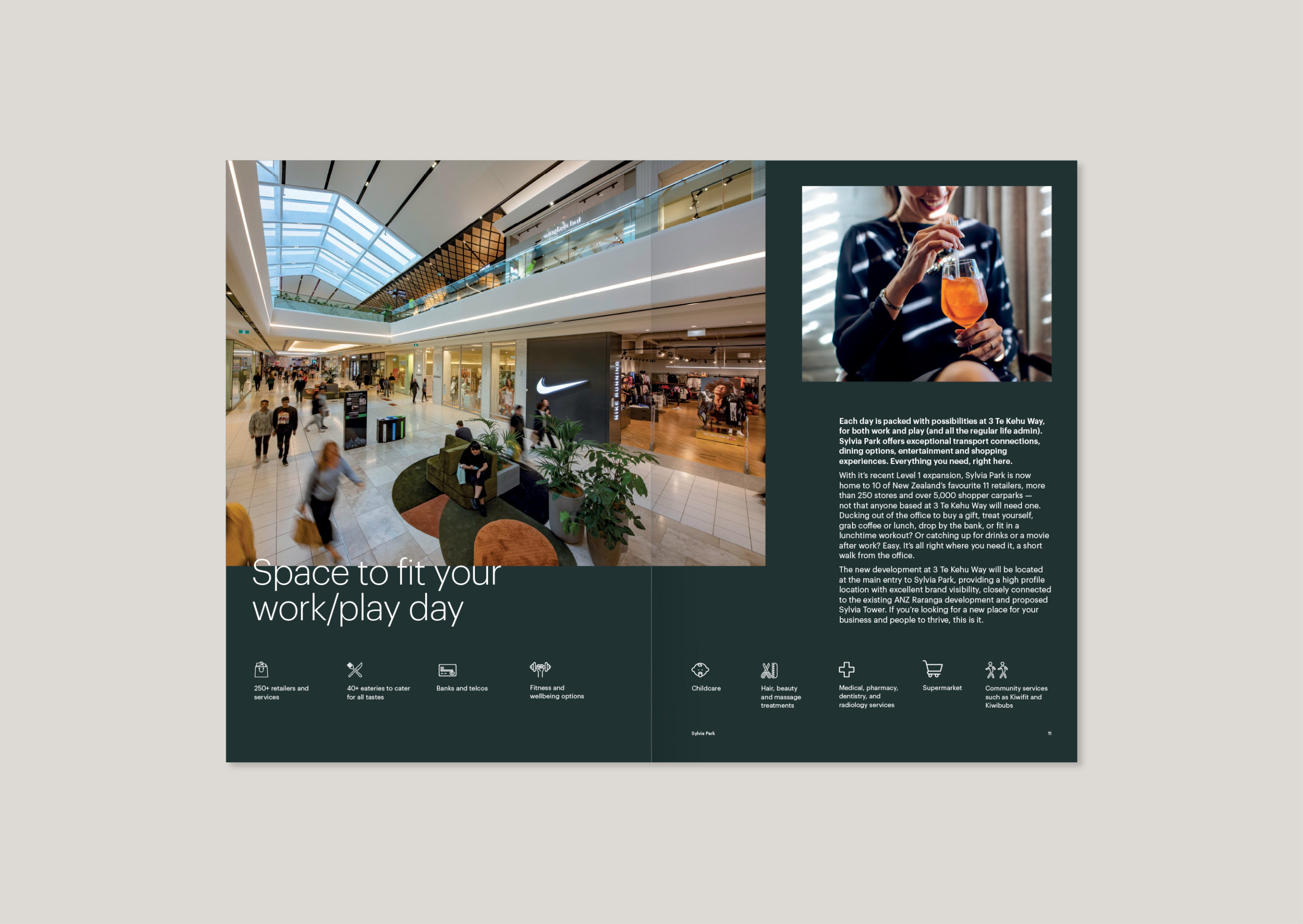 Spread showing large photograph of Sylvia Park Shopping Centre Interior and iconography to indicate breadth of retailers and services