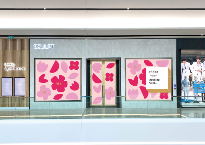 Illustrated Pink and magenta over-sized floral blooms on Store front windows